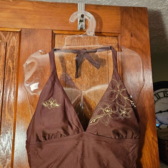 Ocean Dream Brown One Piece Swimsuit with gold embroidery Women's size 12 - Picture 2 of 7